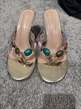 Princess Polly Gold Beaded Thong Heels with Multicolor Gem Accents
